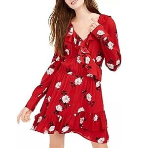 American Rag Red Floral Faux Wrap Long Sleeve Dress